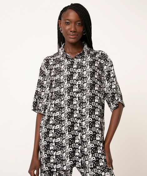 camisa ampla manga curta estampada isaac silva preta