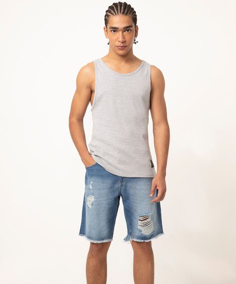 bermuda jeans slim destroyed azul médio