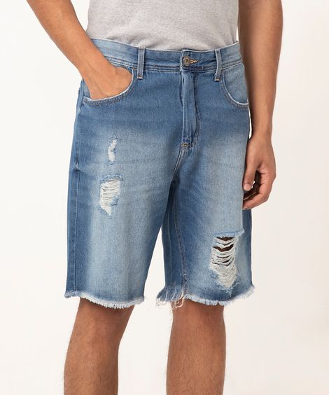 bermuda jeans slim destroyed azul médio