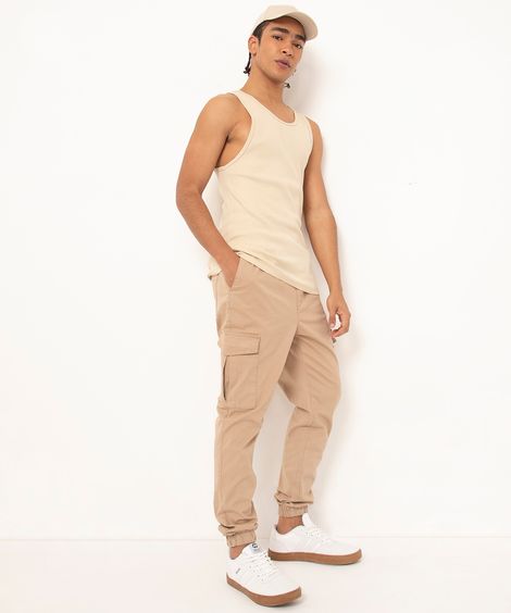 calça jogger cargo de sarja com cordão preta - kaki