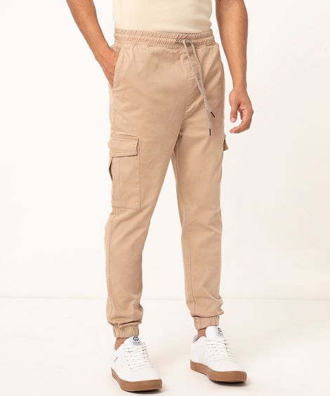 calça jogger cargo de sarja com cordão preta - kaki