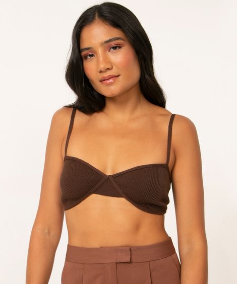 top cropped de tricô canelado marrom escuro