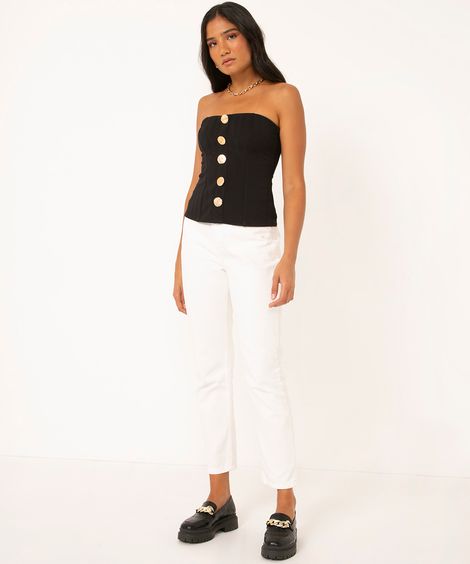 calça mom feminina de sarja cintura alta off white