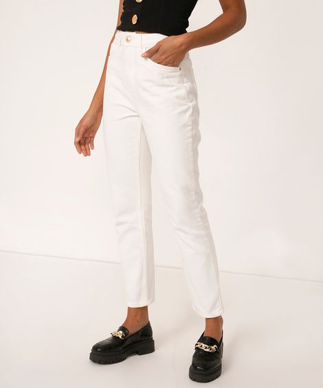 calça mom feminina de sarja cintura alta off white