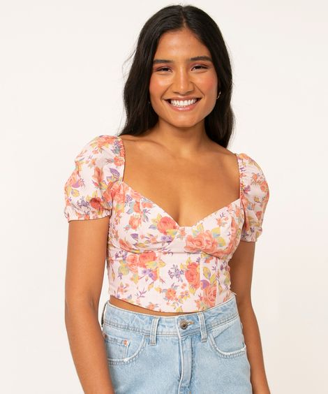 blusa corset cropped manga bufante floral rosa