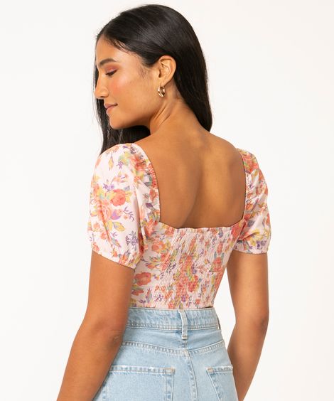 blusa corset cropped manga bufante floral rosa