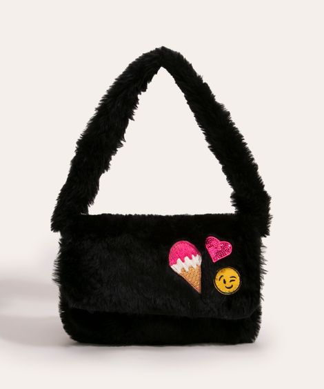 bolsa infantil de pelúcia com patches preta