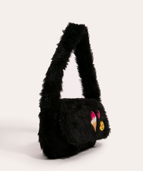 bolsa infantil de pelúcia com patches preta
