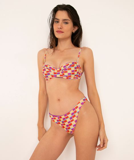 biquíni calcinha tanga asa delta dupla face quadriculada la pomponera com proteção uv50+ amarelo