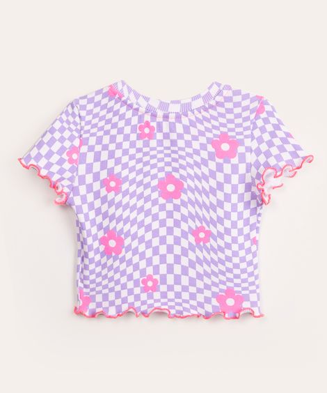 blusa infantil manga curta quadriculada floral multicor