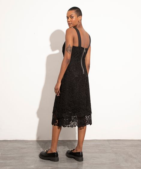 vestido midi de renda alça larga mindset preto