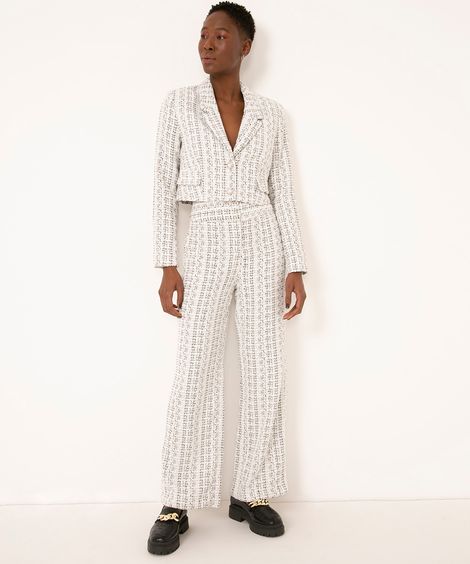 calça reta alfaiataria de tweed cintura alta off white
