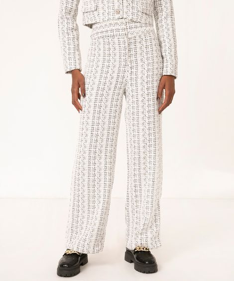 calça reta alfaiataria de tweed cintura alta off white