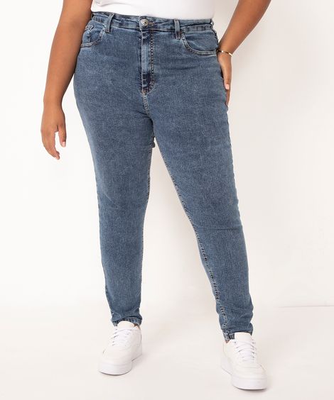 calça plus size jeans skinny cintura super alta azul escuro - jeans escuro marmorizado