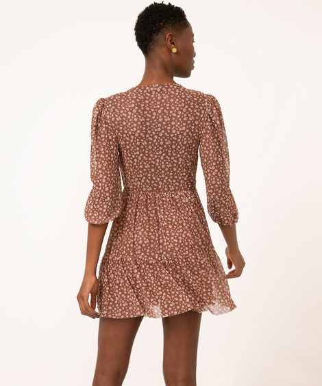 vestido curto de tule floral manga bufante marrom