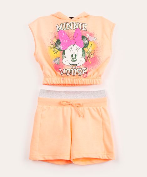 conjunto infantil de moletinho com capuz minnie e short laranja