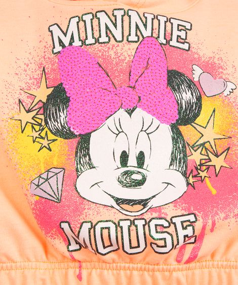 conjunto infantil de moletinho com capuz minnie e short laranja