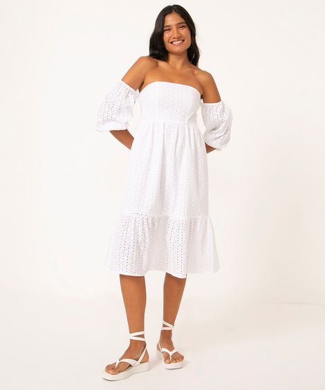 vestido midi de laise manga bufante off white