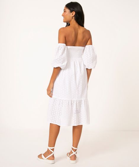 vestido midi de laise manga bufante off white