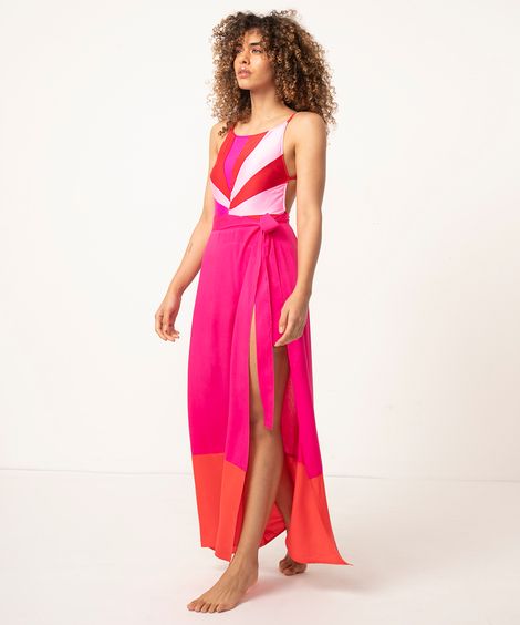 saia longa de viscose bicolor rosa