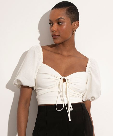 blusa manga bufante com amarração mindset off white