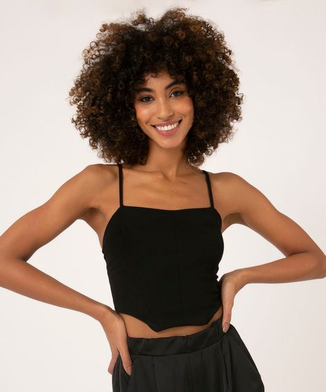 Regata Cropped Corset Alça Fina Decote Redondo Preta