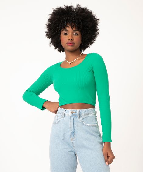 blusa de poliamida canelada cropped manga longa verde bandeira