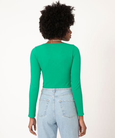 blusa de poliamida canelada cropped manga longa verde bandeira