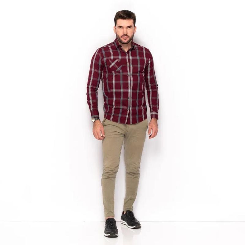 Camisa Casual Marshall Xadrez Manga Longa Bordô Vinho, Camisas e  Acessórios