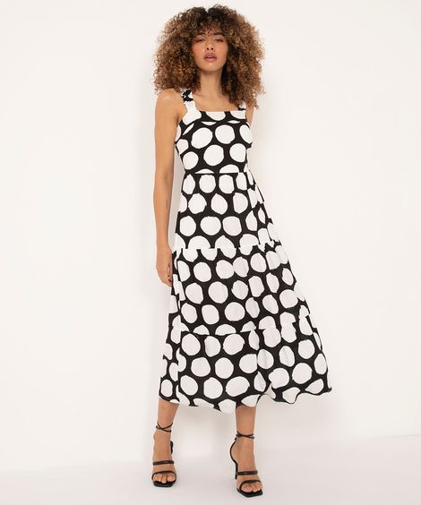 vestido midi decote reto alça franzida poá preto