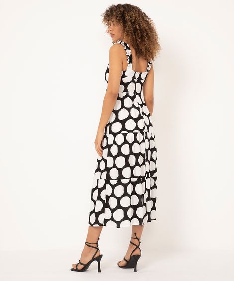 vestido midi decote reto alça franzida poá preto