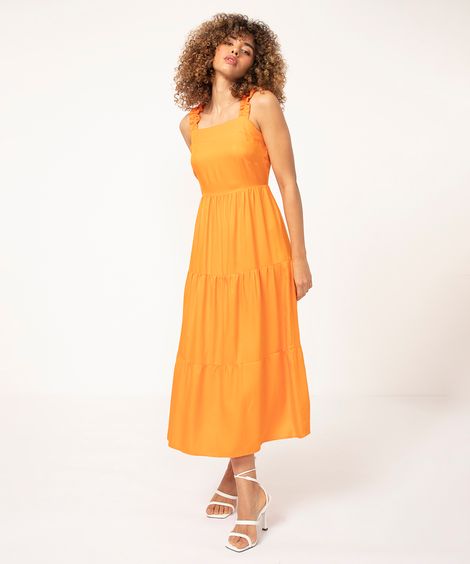 vestido midi decote reto alça franzida laranja