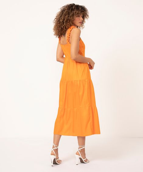 vestido midi decote reto alça franzida laranja