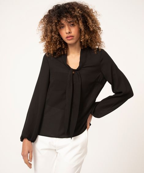 Blusa Feminina Manga Longa Gola Laço Preta