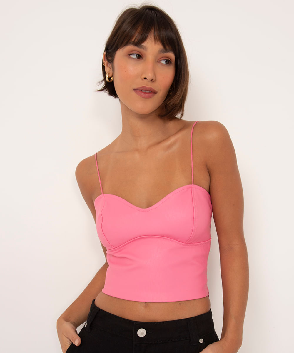regata cropped corset de pu pink claro - Faz a Boa!