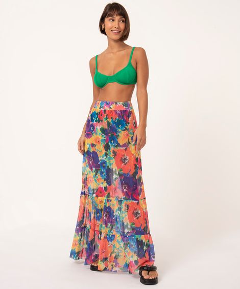 saia longa de tule floral multicor