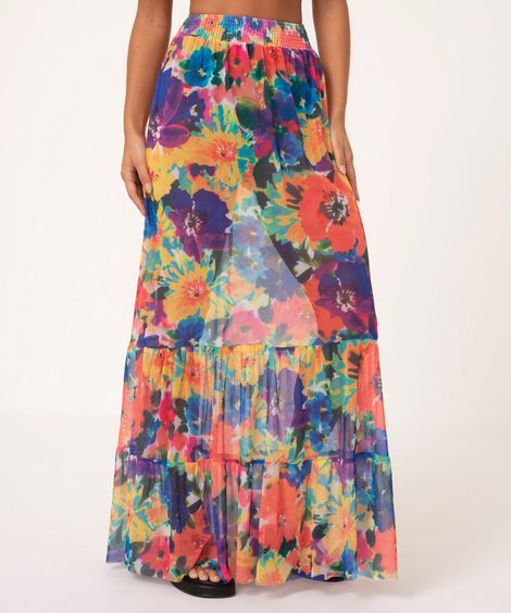 saia longa de tule floral multicor