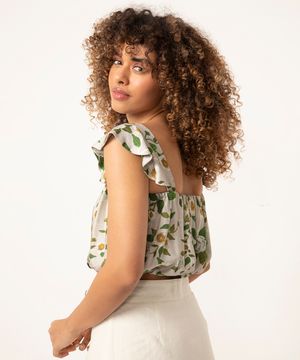 blusa cropped babados floral kf branding off white