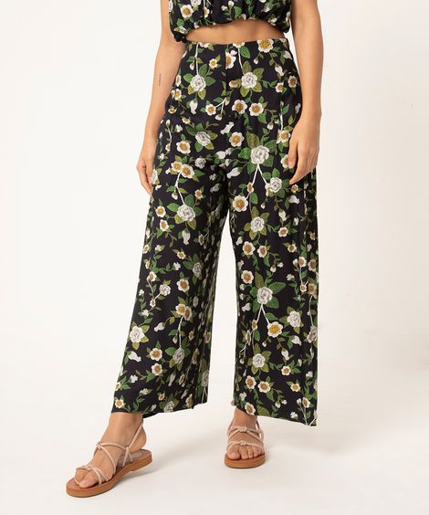 calça wide floral kf branding preto