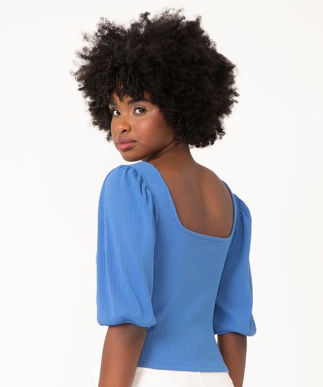 blusa canelada manga bufante azul