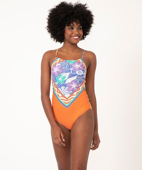 maiô decote halter floral com proteção uv50 laranja
