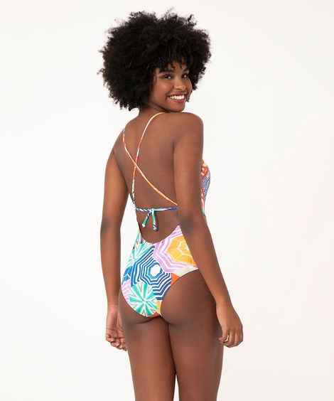 maiô decote halter floral com proteção uv50 laranja