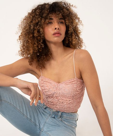 regata cropped corset de renda com franzido alça fina rosê