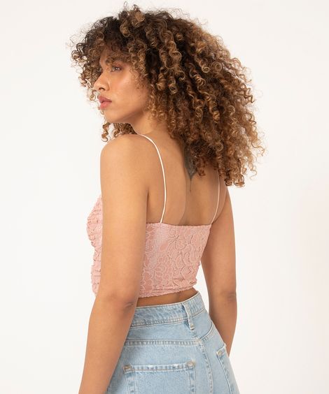 regata cropped corset de renda com franzido alça fina rosê