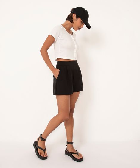 short alfaiataria cintura alta com pregas preto