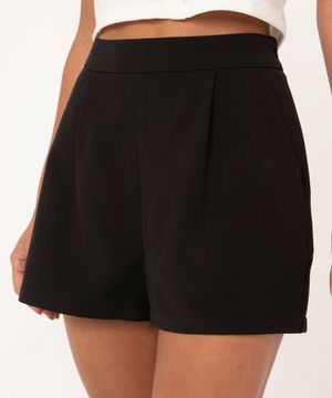 short alfaiataria cintura alta com pregas preto