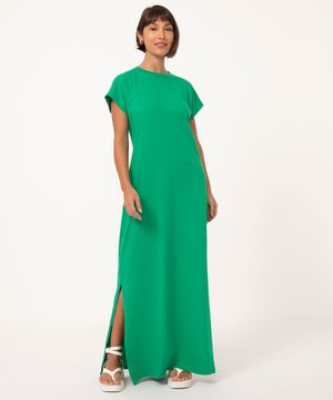 vestido de algodão longo com fenda - verde bandeira