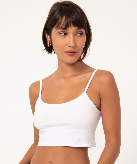 Regata Cropped Básica Alça Fina Decote Redondo Branca