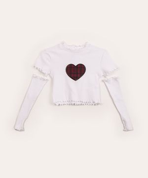 blusa infantil manga curta coração xadrez com luvas off white