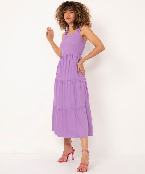 vestido midi decote reto alça franzida lilás